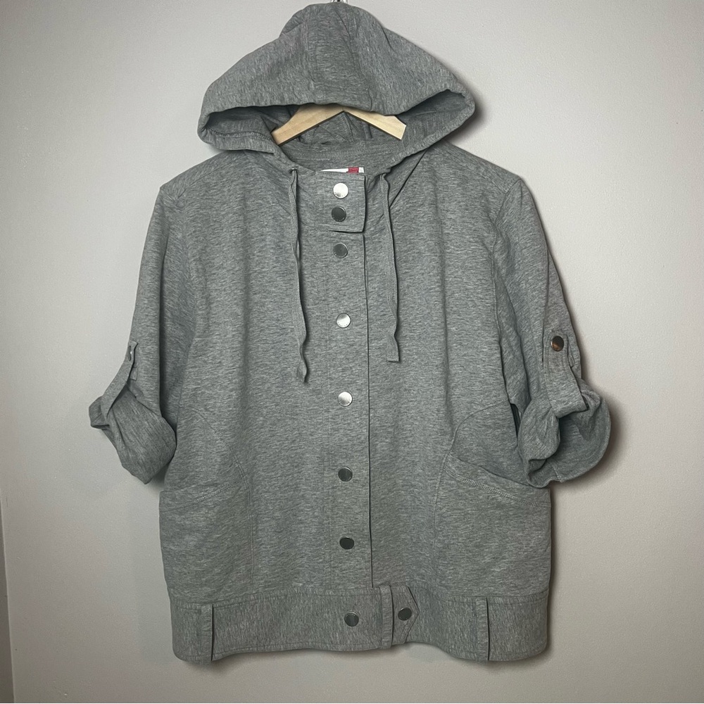 Calvin Klein Snap Front Hooded Jacket Women’s XL Gray 3/4 Sleeve Cotton Stretch